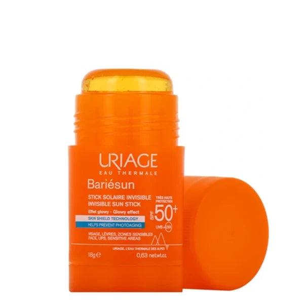 uriage au Thermale Bariésun Invisible Sun Stick SPF 50+ in a bright orange stick container with its cap off, displayed next to the cap on a white background.