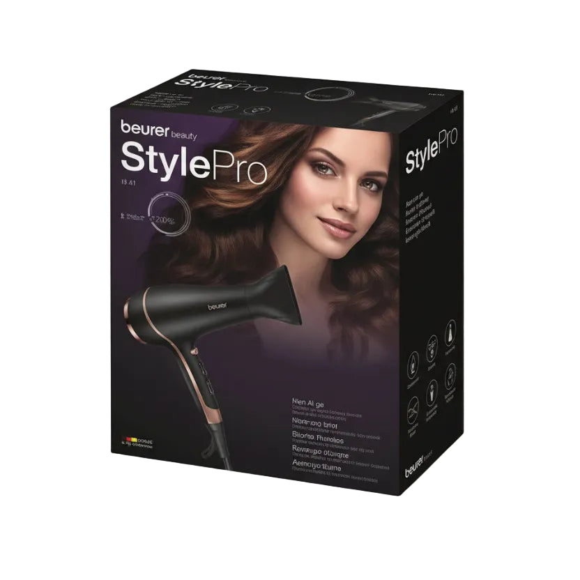 Beurer StylePro hair dryer packaging with a woman's face on a gray background