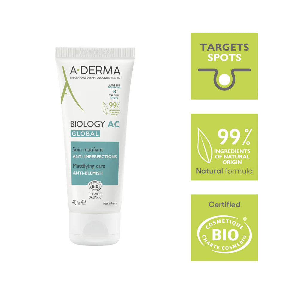 A-Derma Biology AC Global Treatment with free Biology AC Foaming Gel for oily, acne-prone, and sensitive skin.