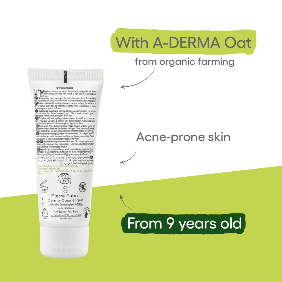 A-Derma Biology AC Global Treatment with free Biology AC Foaming Gel for oily, acne-prone, and sensitive skin.