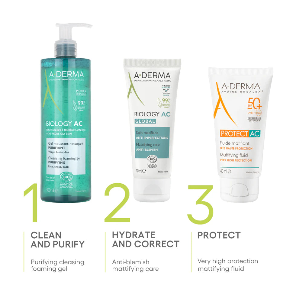 A-Derma Biology AC Global Treatment with free Biology AC Foaming Gel for oily, acne-prone, and sensitive skin.