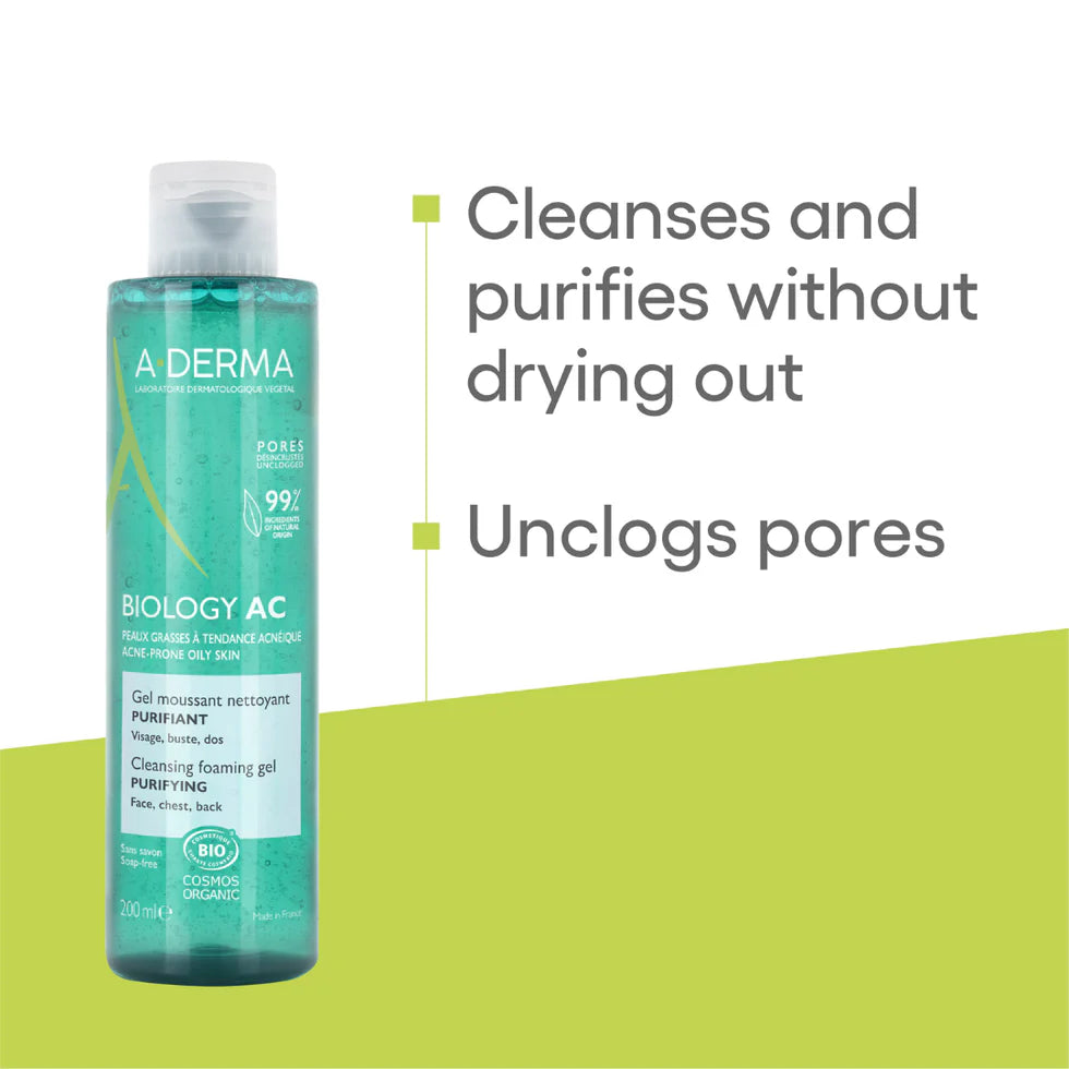 A-Derma Biology AC Global Treatment with free Biology AC Foaming Gel for oily, acne-prone, and sensitive skin.