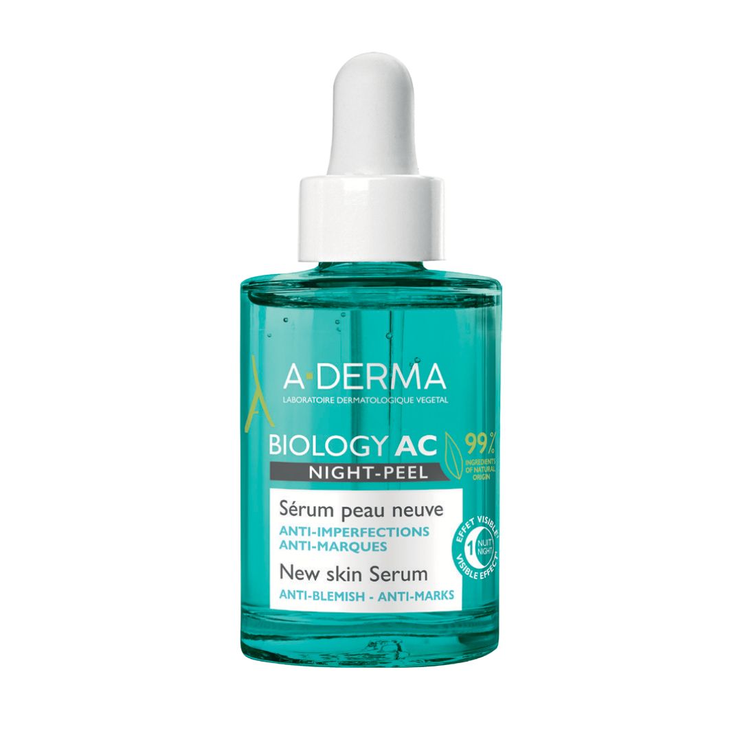 A-derma Biology AC night peel serum bottle on a white background