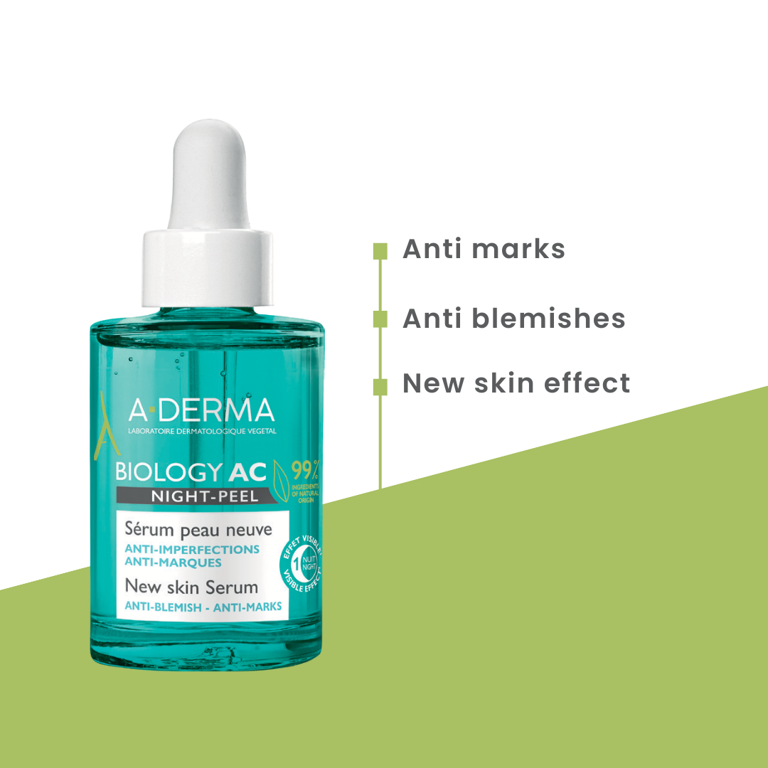 A Derm skincare serum bottle with text highlighting benefits on a green and white background