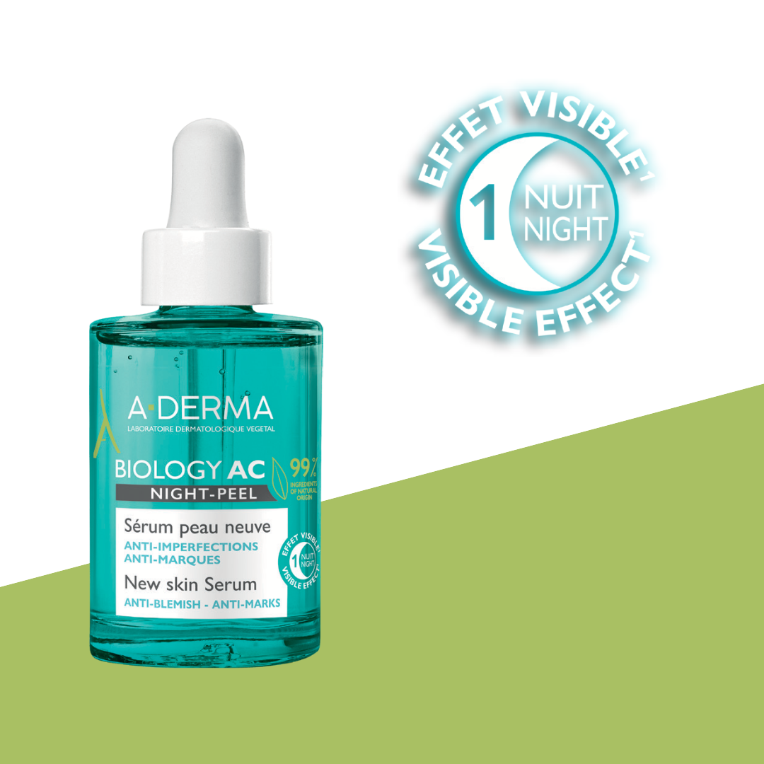 A-Derma night serum bottle with visible effect badge on a green and white background