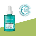 A-Derma night serum bottle with visible effect badge on a green and white background