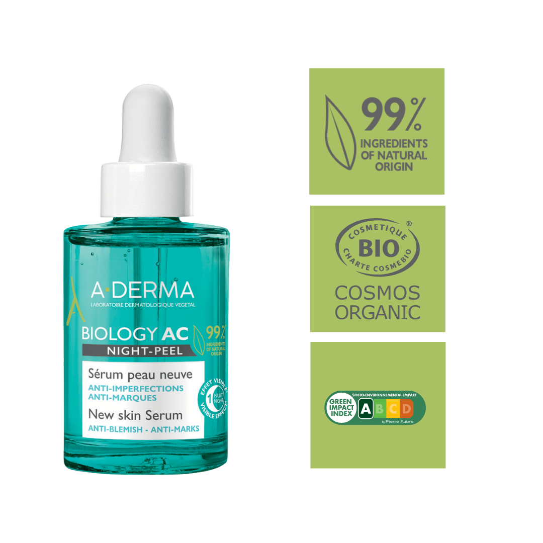A-Derma serum bottle with green certification labels on a white background