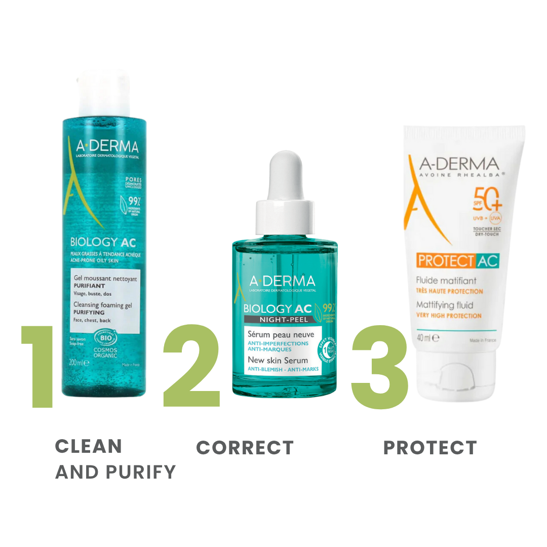 A-Derma skincare products routine labeled 'Clean and Purify', 'Correct', and 'Protect' on a white background.
