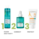 A-Derma skincare products routine labeled 'Clean and Purify', 'Correct', and 'Protect' on a white background.