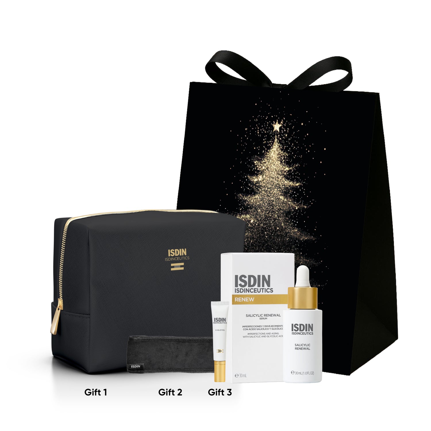 ISDIN skincare products with a black gift bag featuring a Christmas tree design on a white background.