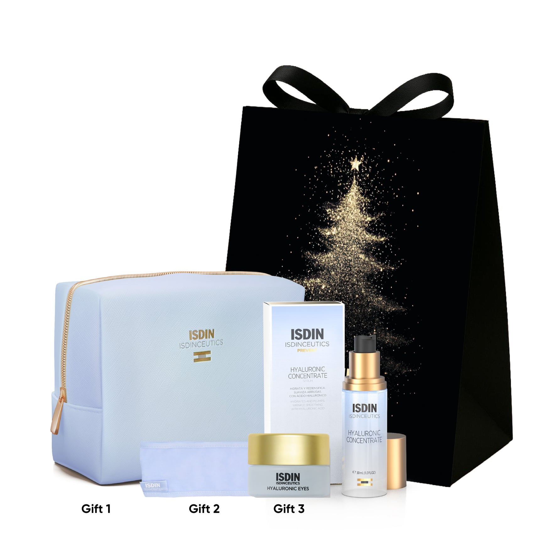 ISDIN skincare products with a decorative black gift bag featuring a Christmas tree.