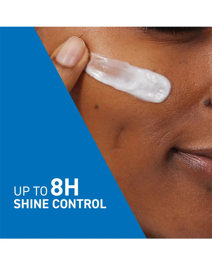 Person applying cream to face with 'Up to 8H Shine Control' text on blue and white background