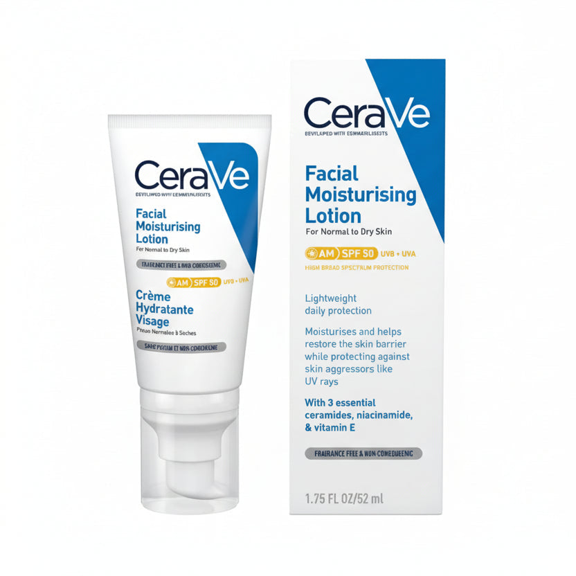 CeraVe facial moisturizing lotion with packaging on a white background