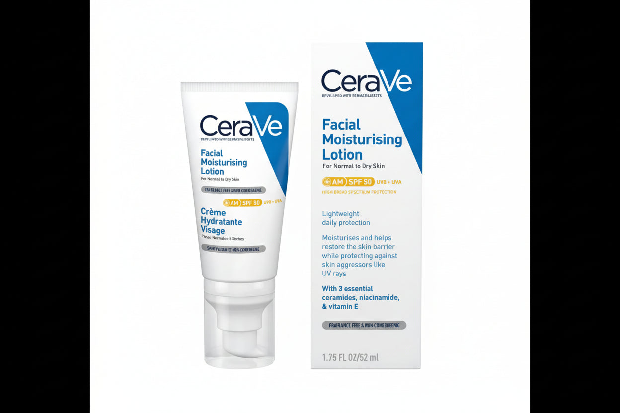 CeraVe facial moisturizing lotion with packaging on a white background