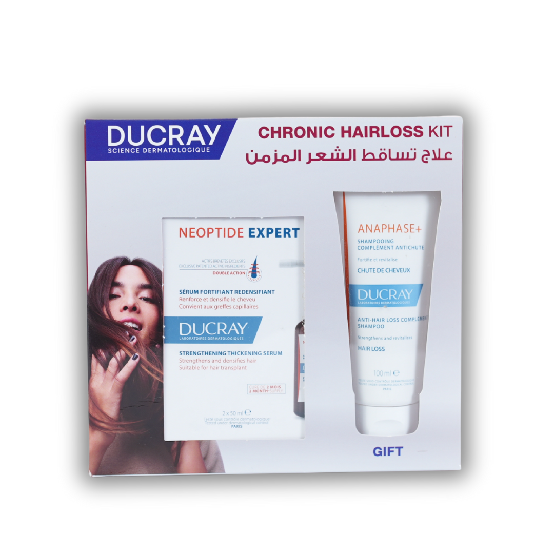 Ducray Chronic Hairloss Kit packaging with shampoo and serum on a white background