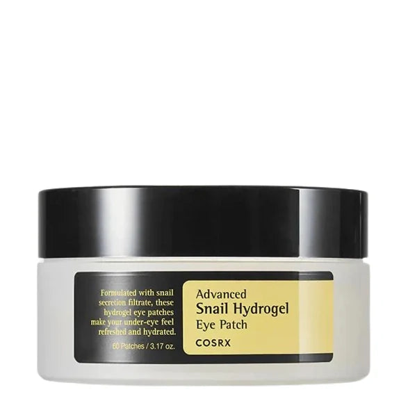 COSRX Advanced Snail Hydrogel Eye Patch in a white jar with a black lid and a yellow label, on a white background.