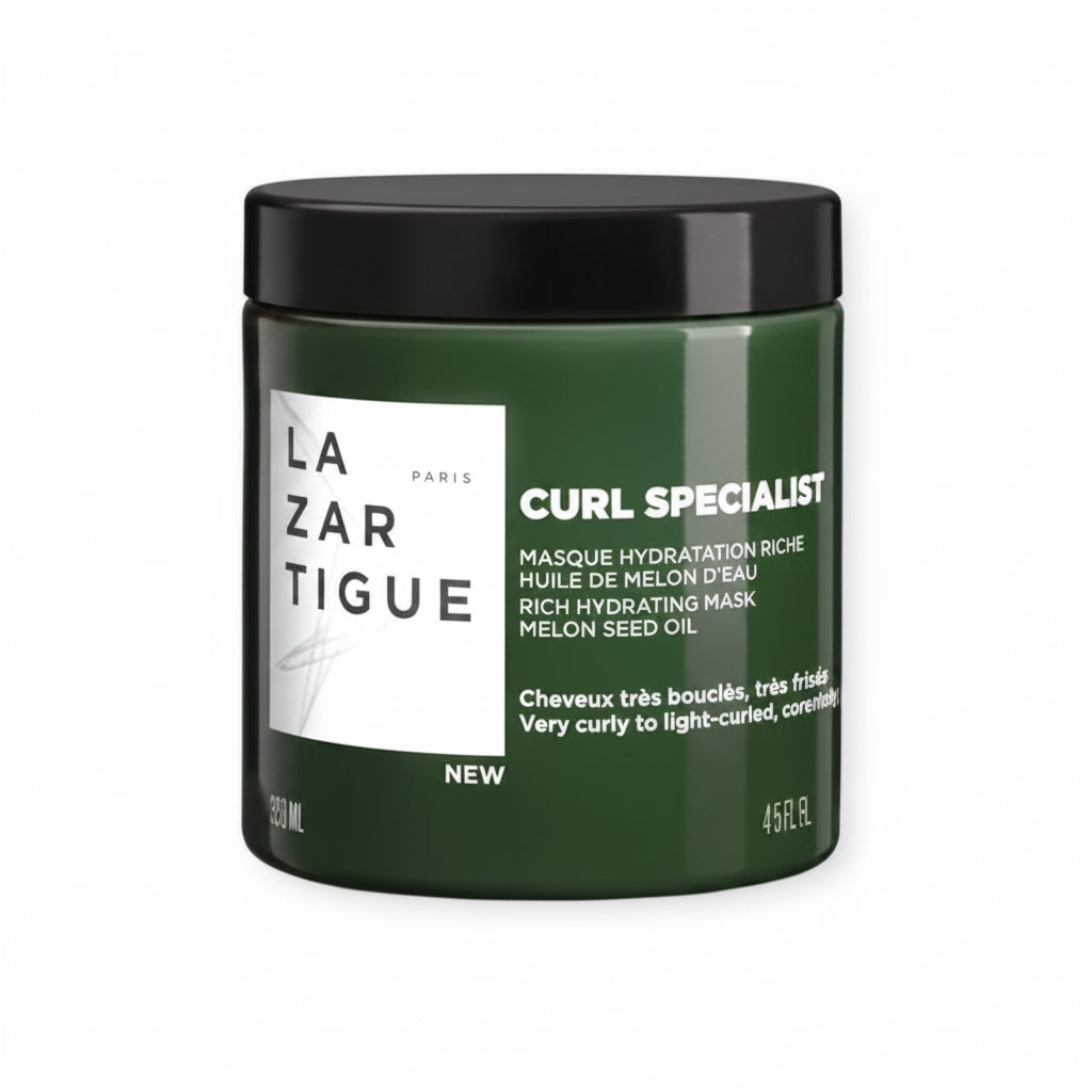 Green jar of Lazartigue Curl Specialist on a white background
