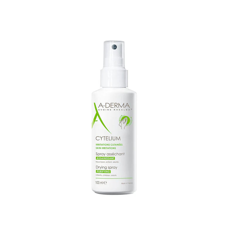 A-Derma Cytelium Soothing Drying Spray for irritated and moist skin areas with drying mineral complex and Rhealba oat plantlet extract.