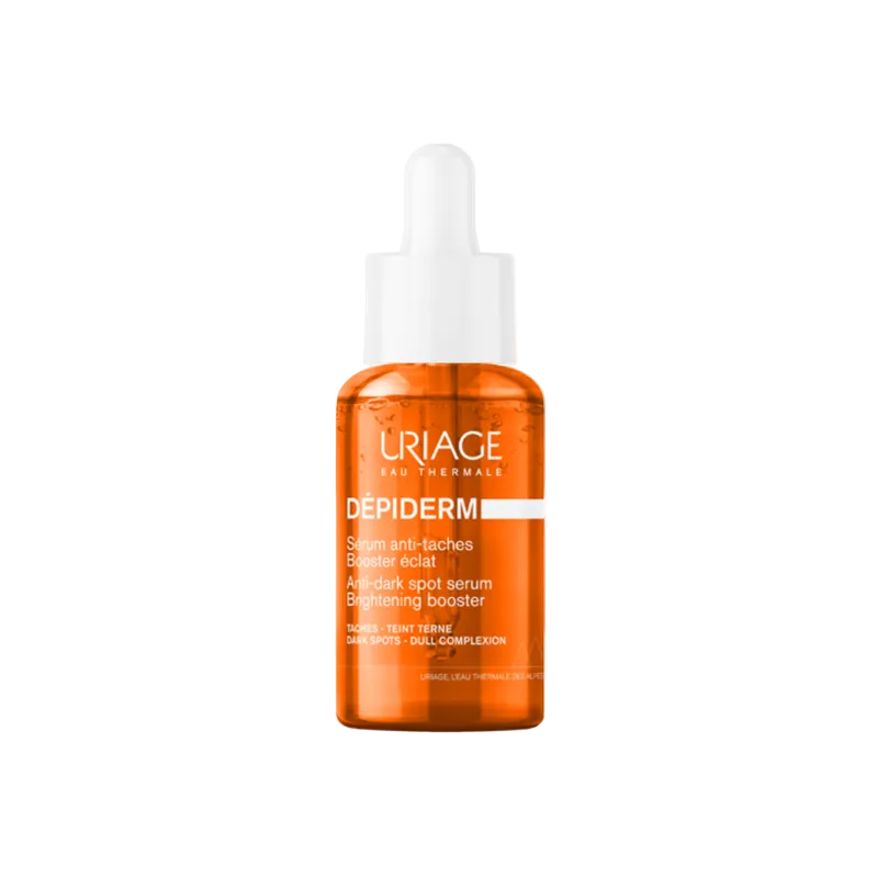Orange Uriage Depiderm serum bottle on a white background