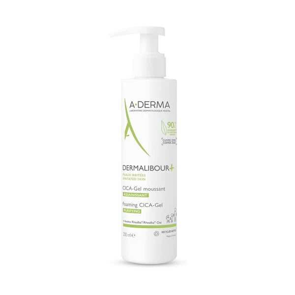 A-Derma Dermalibour+ CICA-Sanitizing Foaming Gel gentle purifying cleanser for irritated and fragile skin with copper-zinc complex.