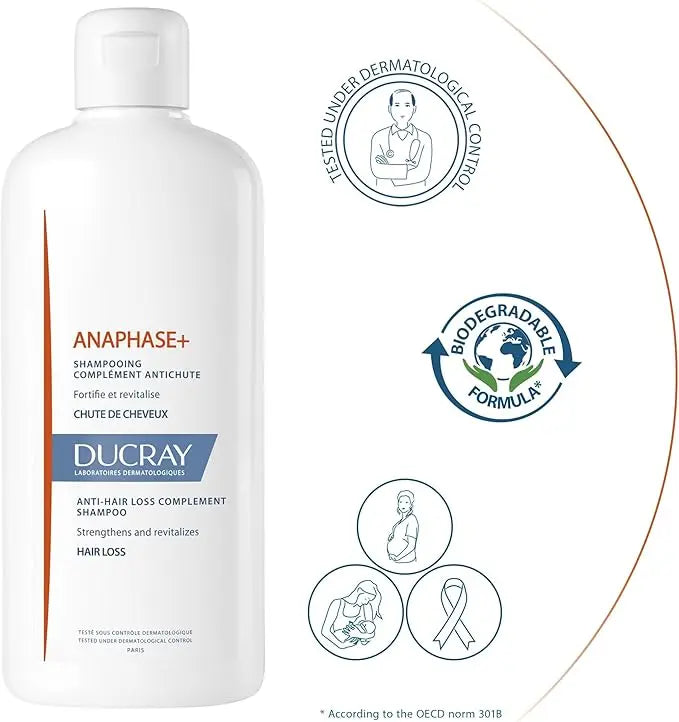 Ducray Anaphase+ shampoo for improving hair strength and volume.