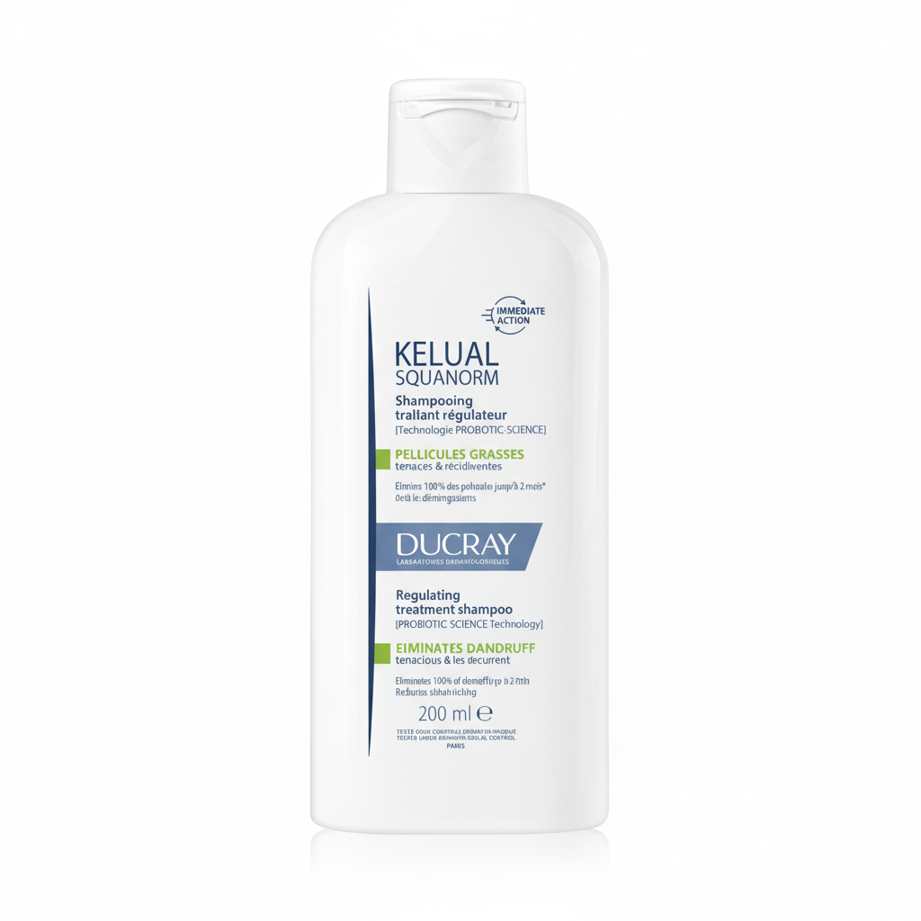 Ducray Kelual Squanorm shampoo bottle on a white background