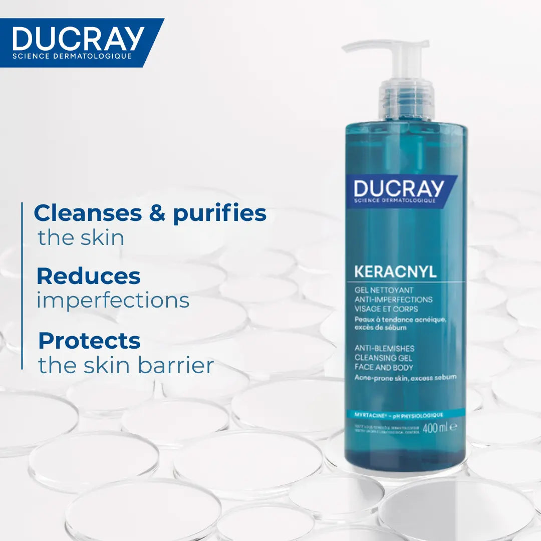Ducray Keracnyl Cleansing Gel for daily face and body cleansing.