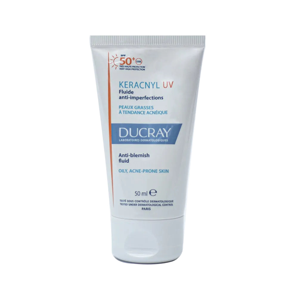 Ducray Keracnyl UV Anti-Blemish Fluid SPF50+ for oily and acne-prone skin.
