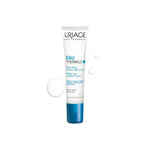 A tube of Uriage Eau Thermale Water Eye Contour Cream with a blue cap, shown on a white background with three white circular droplet graphics.