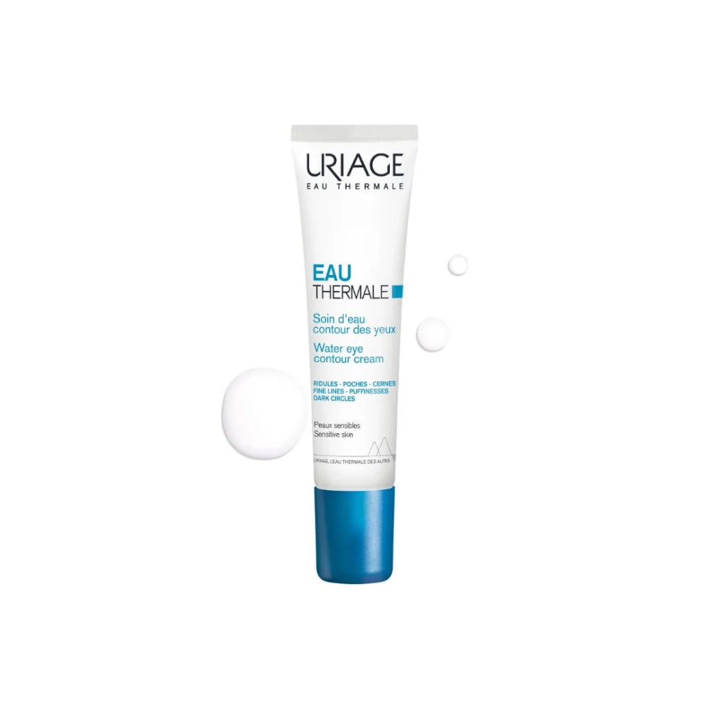 A tube of Uriage Eau Thermale Water Eye Contour Cream with a blue cap, shown on a white background with three white circular droplet graphics.