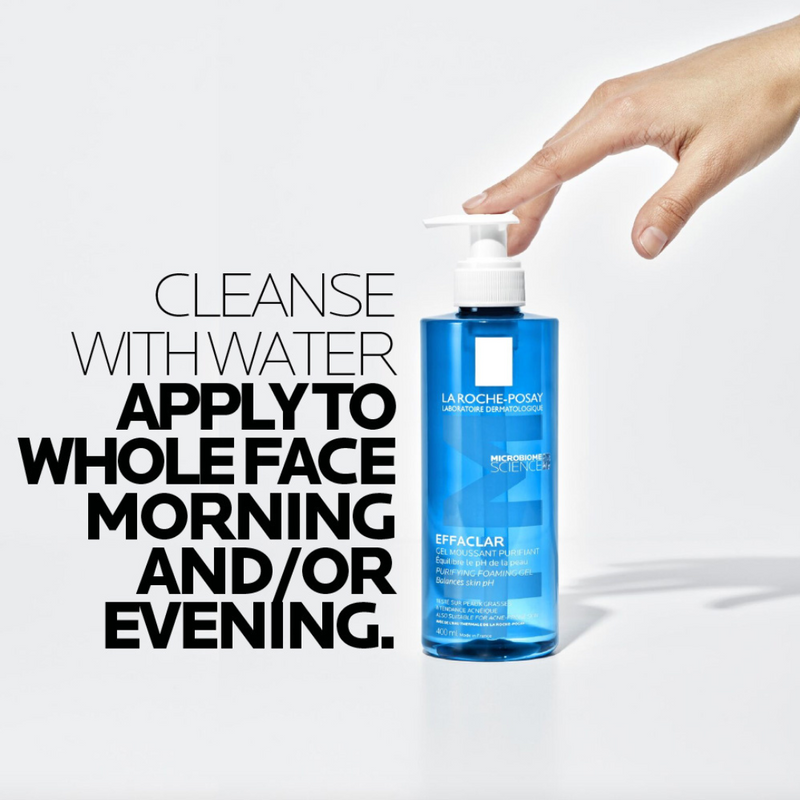 Blue bottle of La Roche-Posay cleanser with text on a light gray background