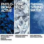 Three product labels with images and text on a blue background