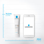 La Roche-Posay skincare product and smartphone on a white background with measurement details.