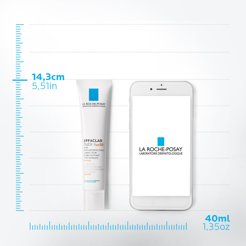 La Roche-Posay skincare product and smartphone on a white background with measurement details.