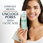 Woman holding Eucerin Dermo Purifier tonic with text about pore unclogging and lactic acid