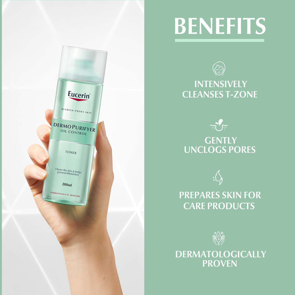 Eucerin skincare product with benefits listed on a light green background