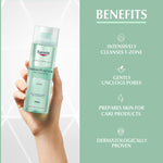 Eucerin skincare product with benefits listed on a light green background