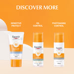 Eucerin sun protection products on an orange background with text indicating different skin types.