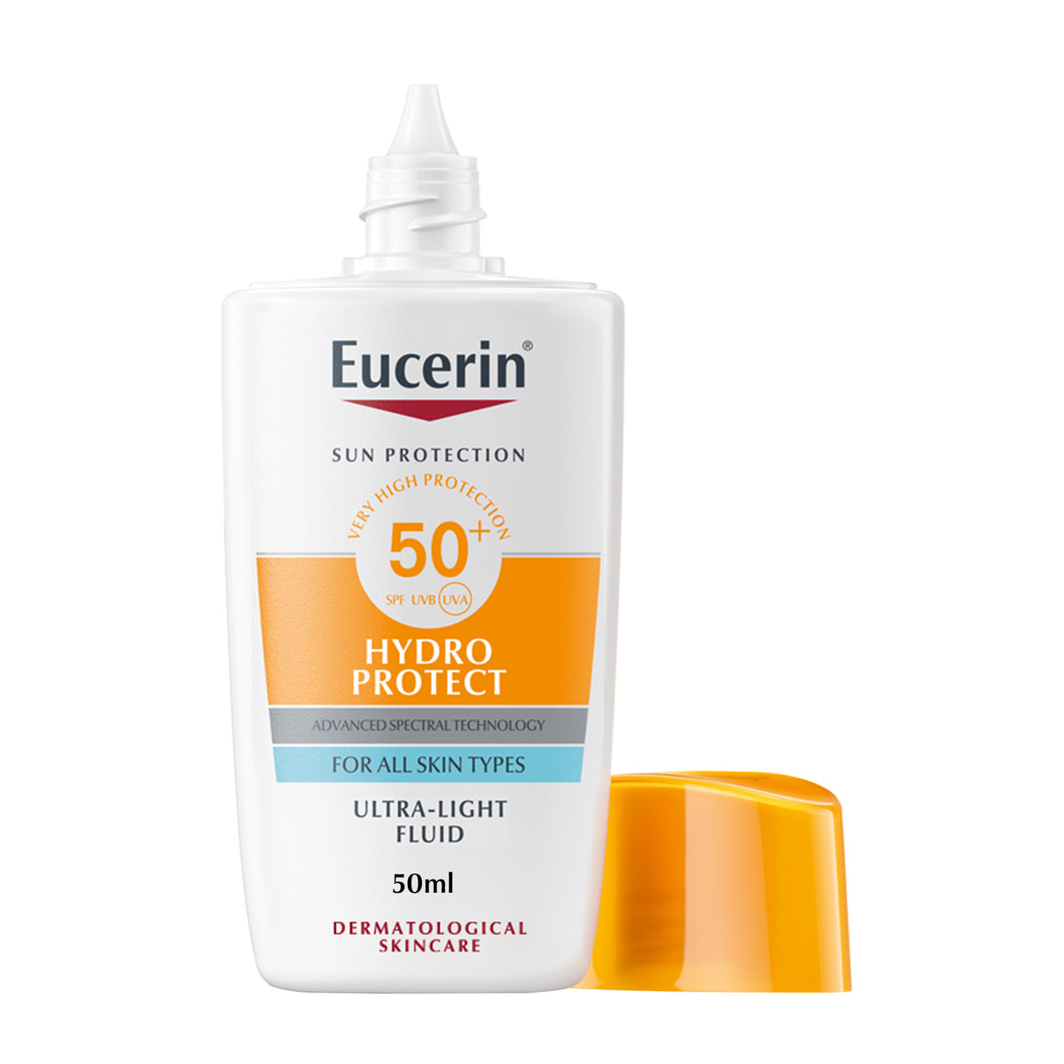 Eucerin sun protection cream bottle on a white background