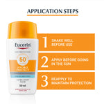 Eucerin sunscreen bottle with application steps on a white background