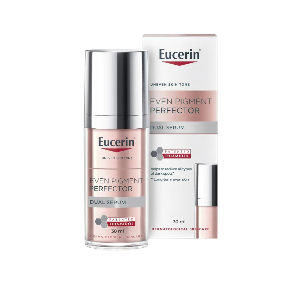 Eucerin Even Pigment Perfector Dual Serum with packaging on a white background