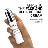 Hand holding a skincare product with text on a white background