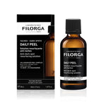 Filorga Daily Peel anti-dark spot solution shown as an amber glass bottle with a black cap next to its black and white retail box on a white background.