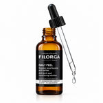 A bottle of Filorga Daily Peel anti-aging resurfacing solution with an amber glass bottle, black label, and a glass dropper with a black rubber bulb resting on top, set against a solid white background.