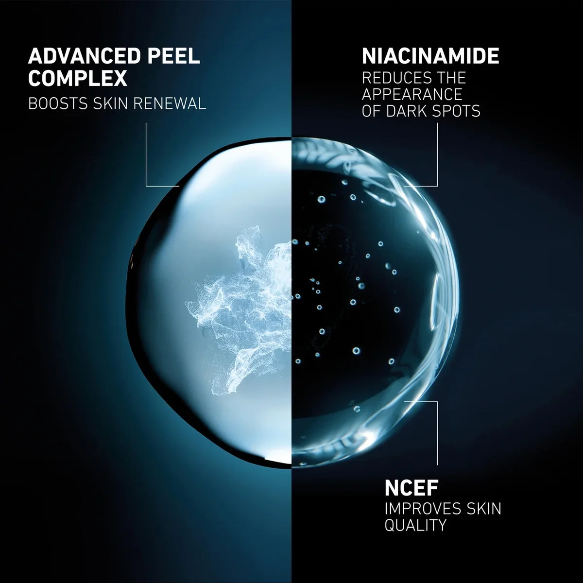 Illustration of a droplet with text about skincare benefits on a dark background