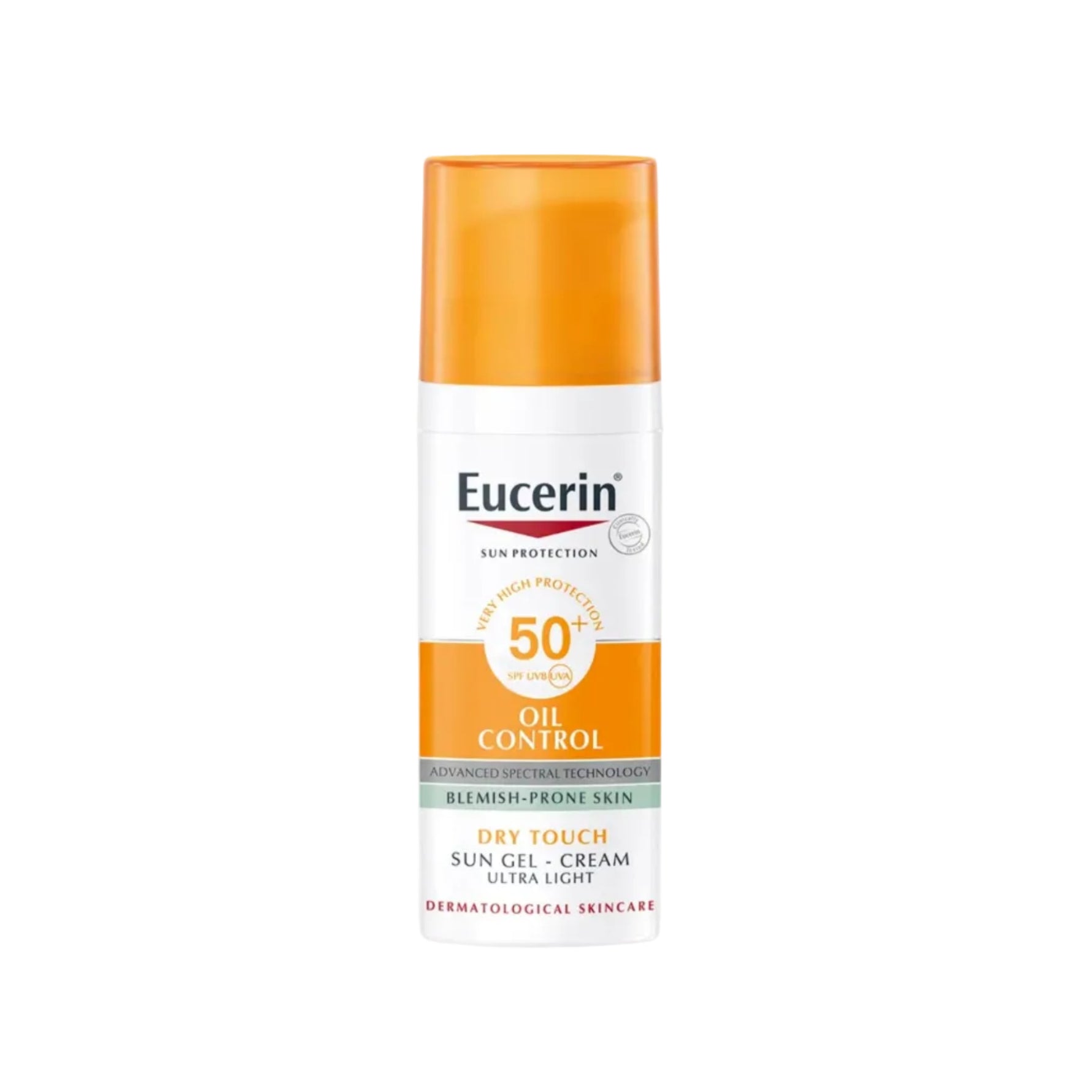 Eucerin sun protection cream bottle on a white background