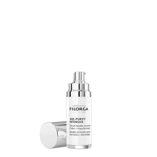 Filorga skincare serum bottle on a black background