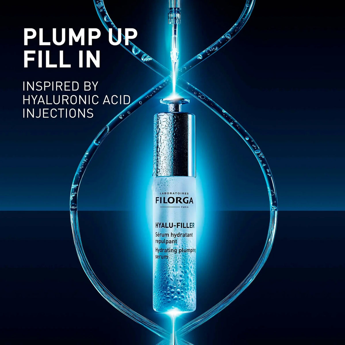 Filorga Hyalu-Filler serum with syringe and text 'Plump Up Fill In' on a dark background