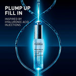 Filorga Hyalu-Filler serum with syringe and text 'Plump Up Fill In' on a dark background