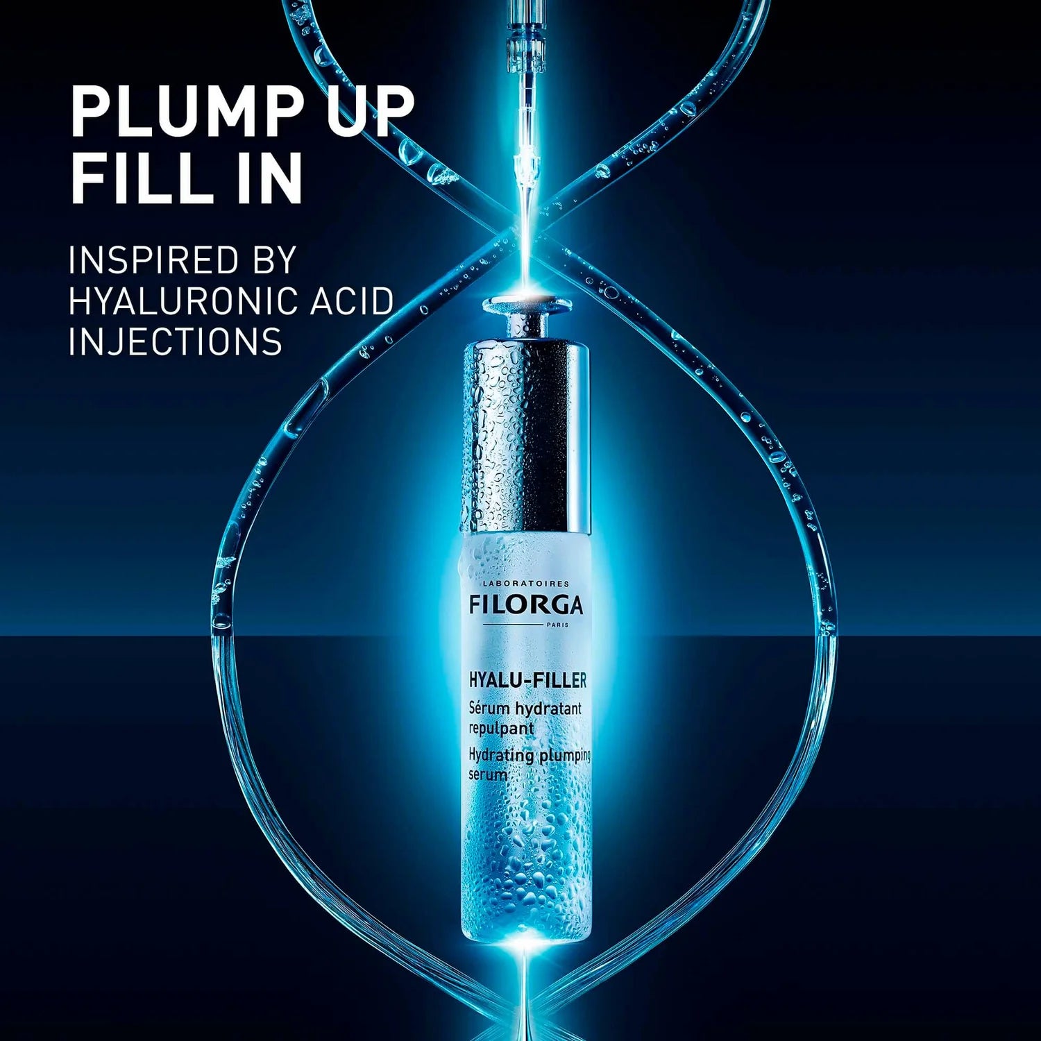 Filorga Hyalu-Filler serum with syringe and text 'Plump Up Fill In' on a dark background
